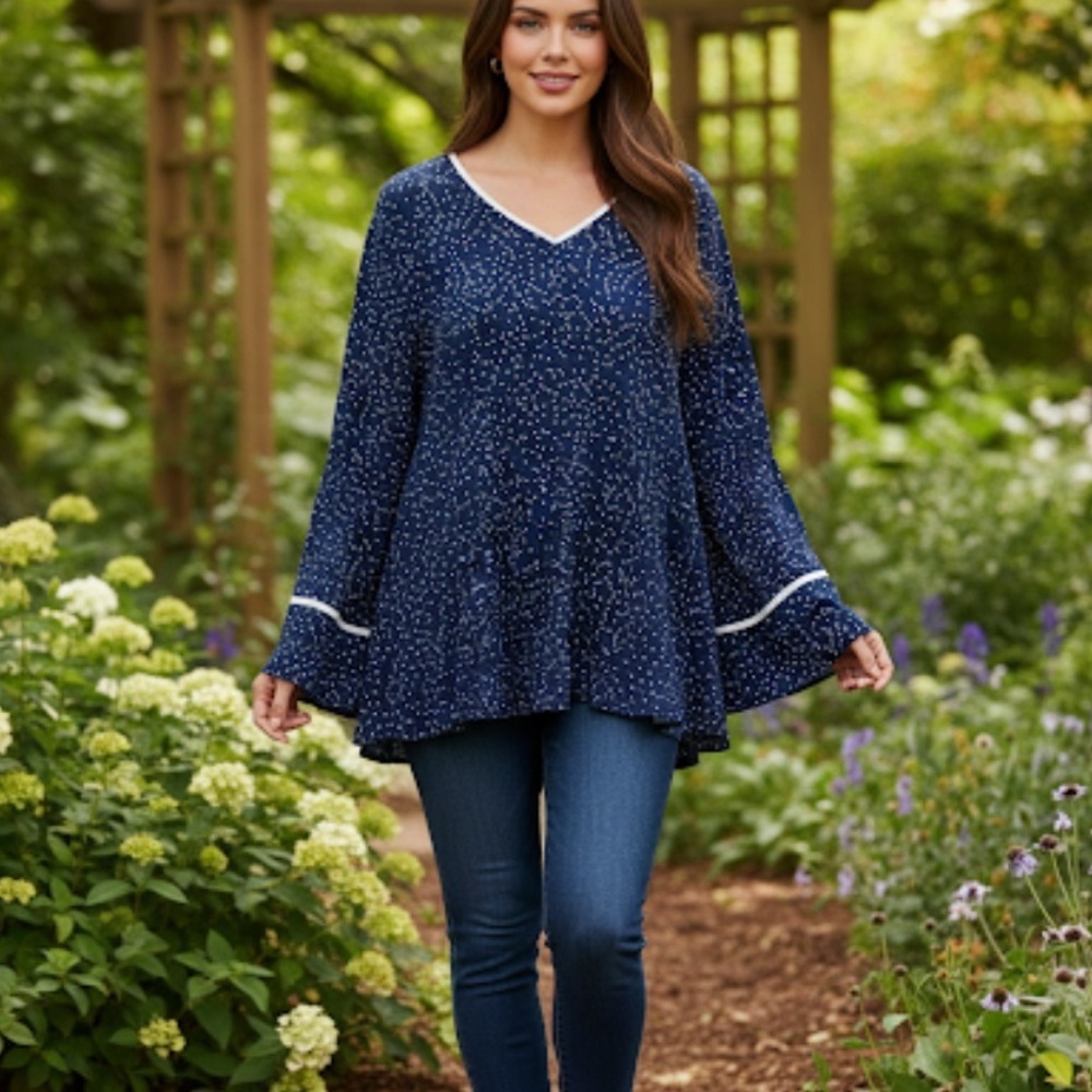 Suzanne Betro Tunic Polka Dot V Neck Long Sleeve Large
